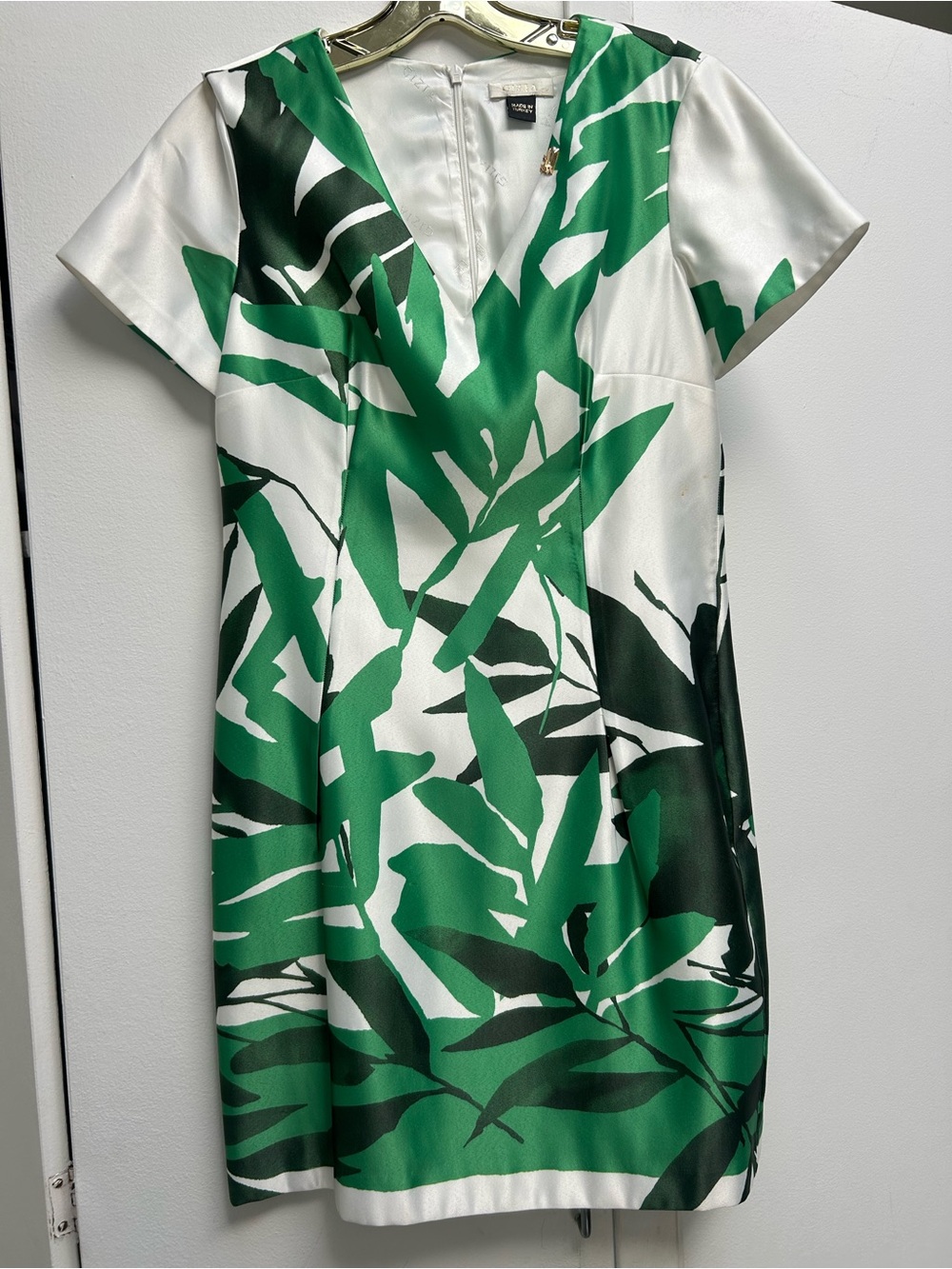 Green Leaf Print V-Neck Mini Dress by Tahari